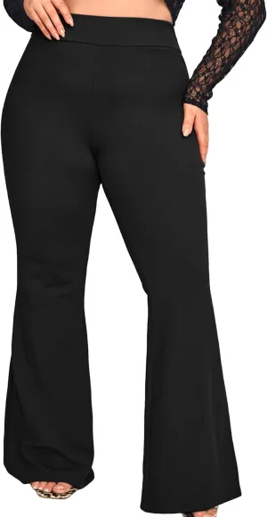 WDIRARA Women's Plus Size Elastic High Waist Flare Bell Bottom Ribbed Knit Long Pants