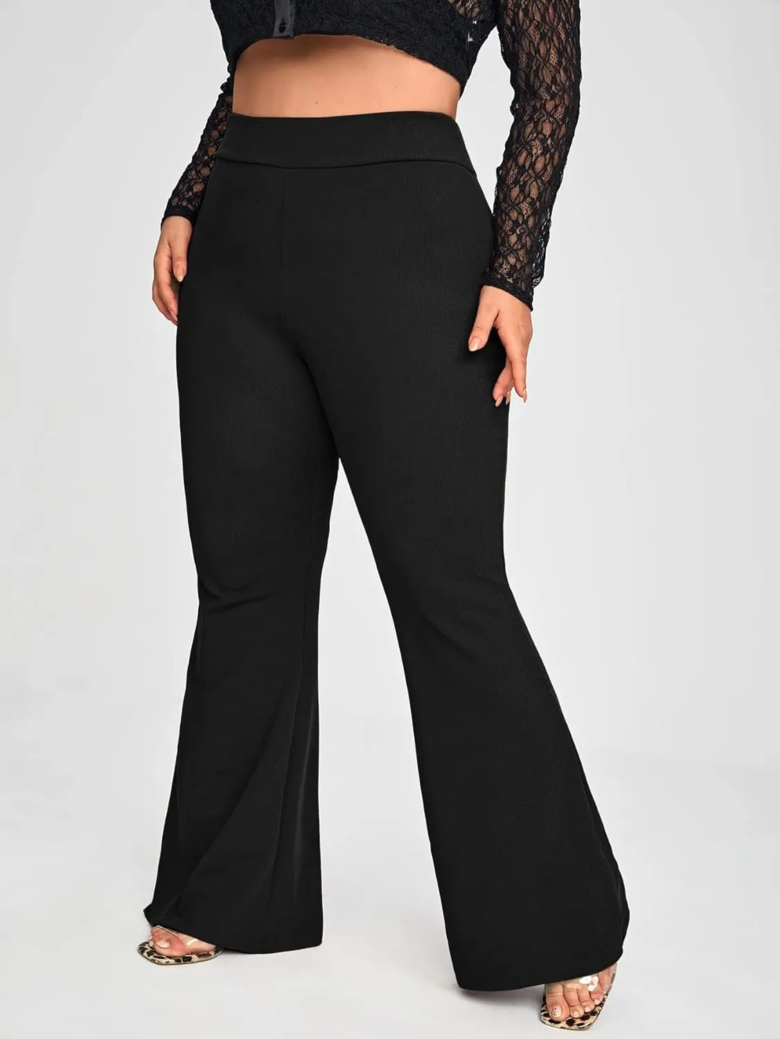 WDIRARA Women's Plus Size Elastic High Waist Flare Bell Bottom Ribbed Knit Long Pants