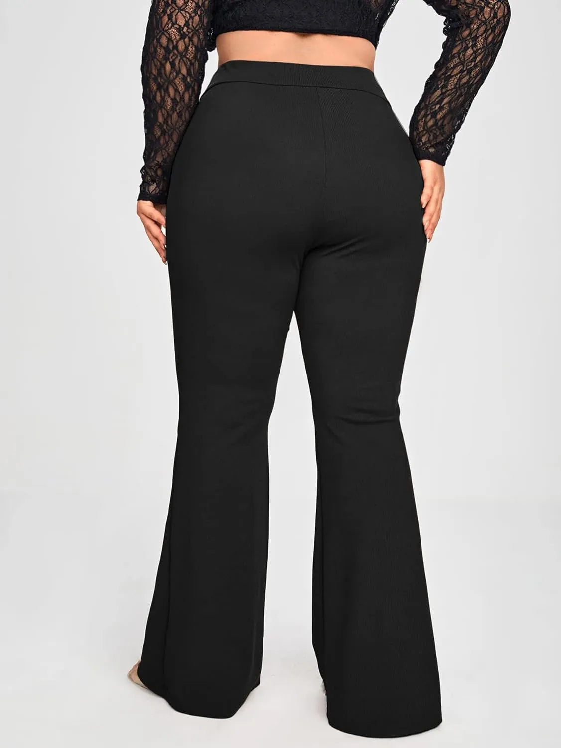 WDIRARA Women's Plus Size Elastic High Waist Flare Bell Bottom Ribbed Knit Long Pants