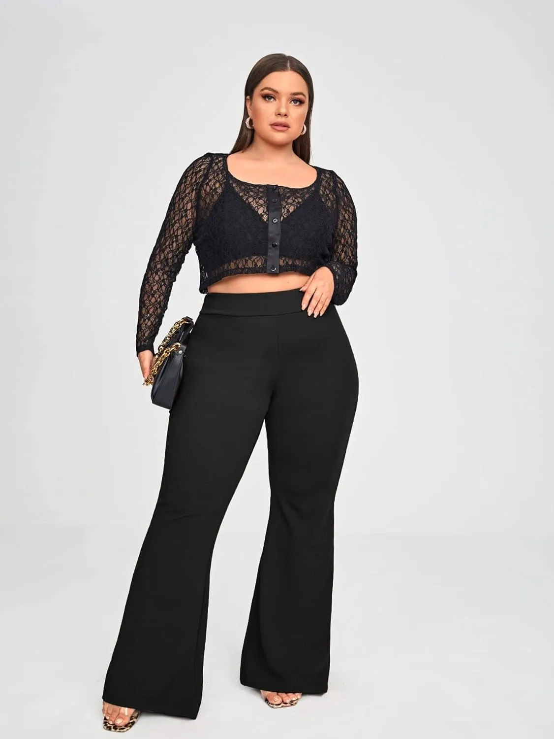 WDIRARA Women's Plus Size Elastic High Waist Flare Bell Bottom Ribbed Knit Long Pants