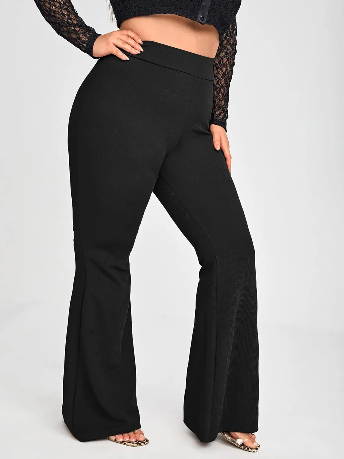 WDIRARA Women's Plus Size Elastic High Waist Flare Bell Bottom Ribbed Knit Long Pants