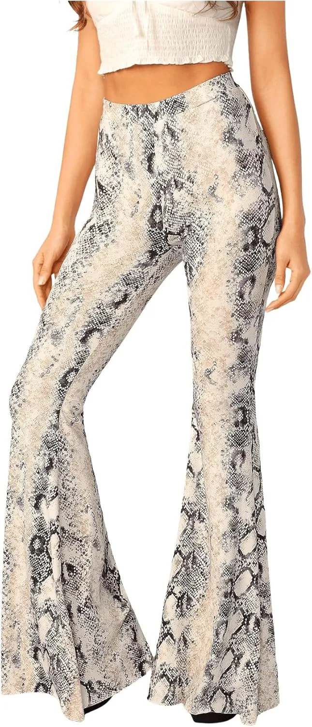 WDIRARA Women's Snakeskin High Waist Casual Flare Bell Bottom Stretch Long Pants