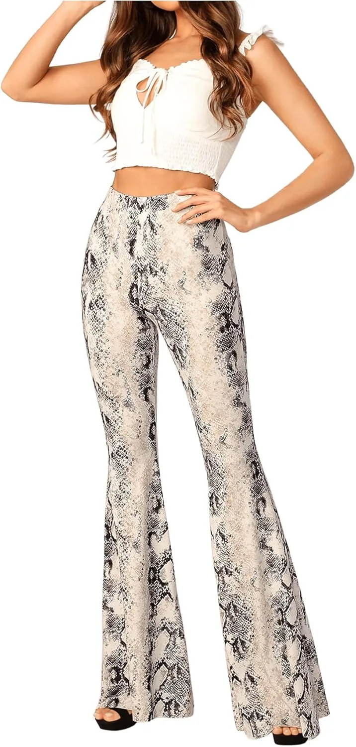 WDIRARA Women's Snakeskin High Waist Casual Flare Bell Bottom Stretch Long Pants