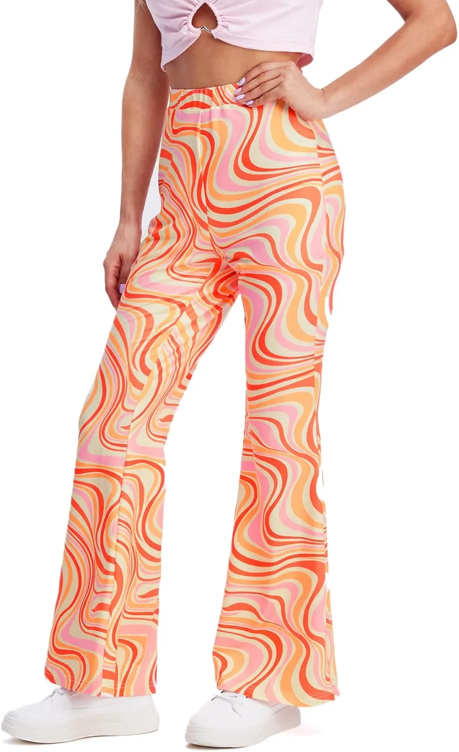 WDIRARA Women's Snakeskin High Waist Casual Flare Bell Bottom Stretch Long Pants