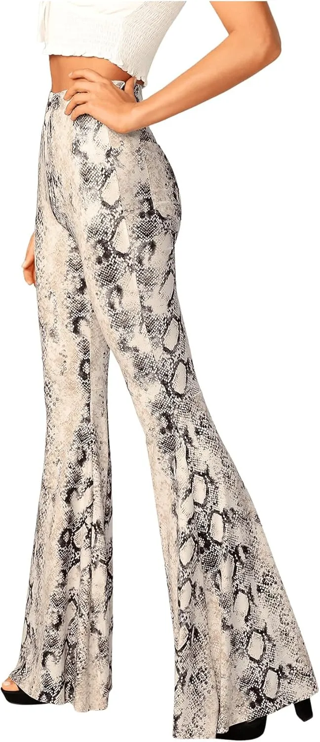 WDIRARA Women's Snakeskin High Waist Casual Flare Bell Bottom Stretch Long Pants