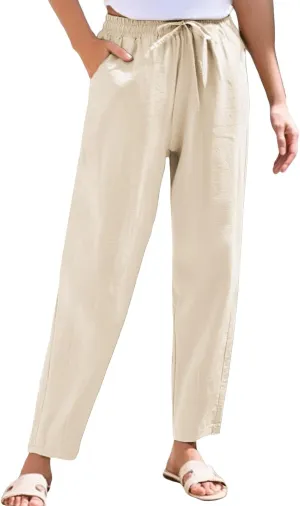 White Pants Women Wide Leg Summer, Work Pants Cargo Cotton Linen Trousers with Pockets Baggy Low Rise