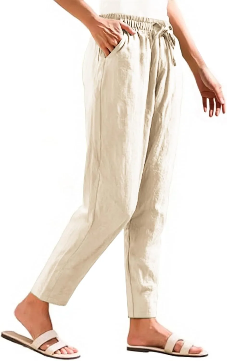 White Pants Women Wide Leg Summer, Work Pants Cargo Cotton Linen Trousers with Pockets Baggy Low Rise