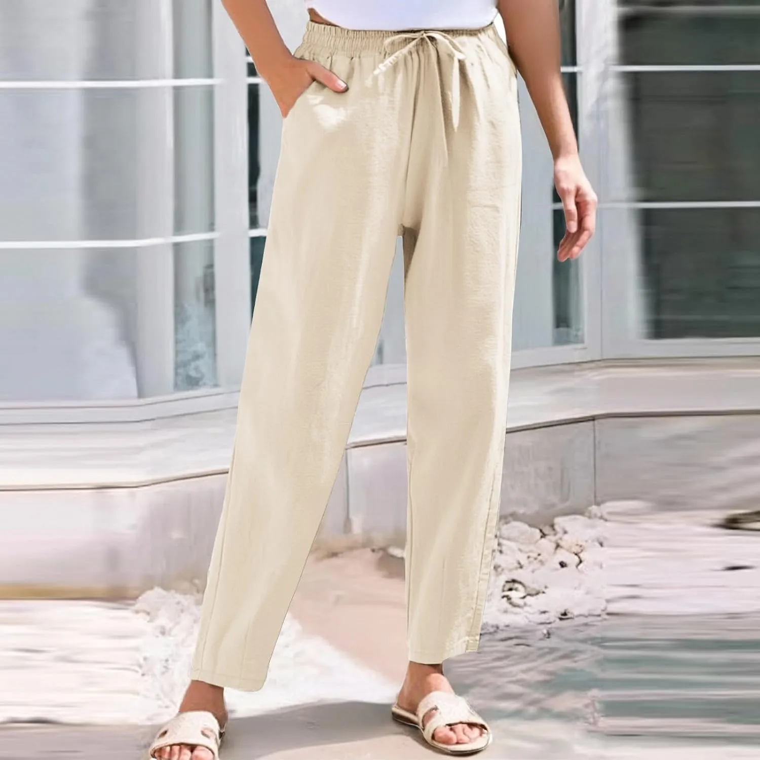 White Pants Women Wide Leg Summer, Work Pants Cargo Cotton Linen Trousers with Pockets Baggy Low Rise