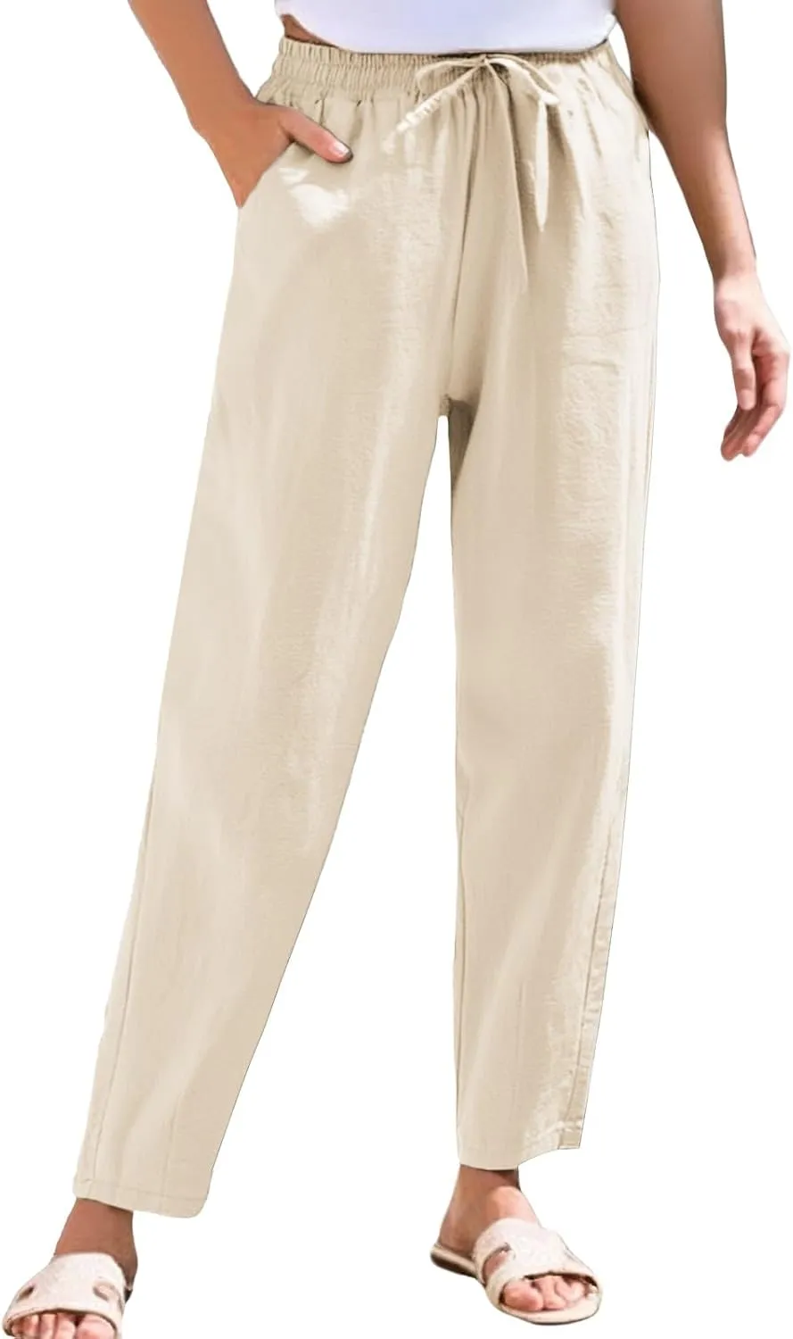 White Pants Women Wide Leg Summer, Work Pants Cargo Cotton Linen Trousers with Pockets Baggy Low Rise