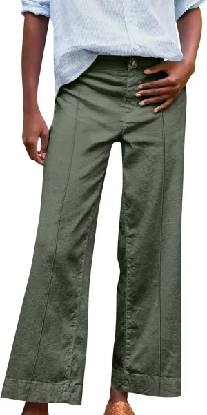 Wide Leg Linen Pants for Women Casual Summer High Waisted Work Cropped Pants Loose Business Trouser