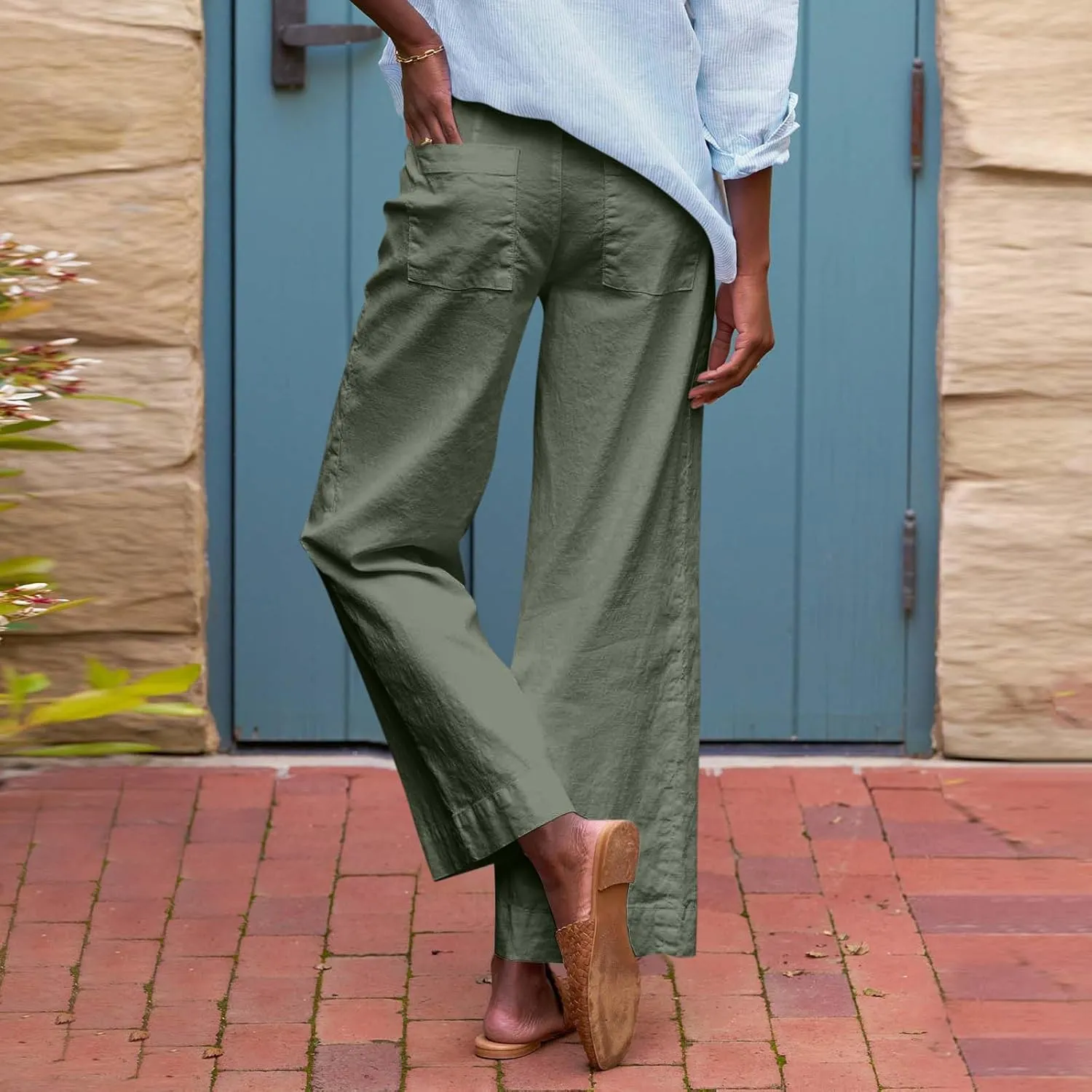 Wide Leg Linen Pants for Women Casual Summer High Waisted Work Cropped Pants Loose Business Trouser