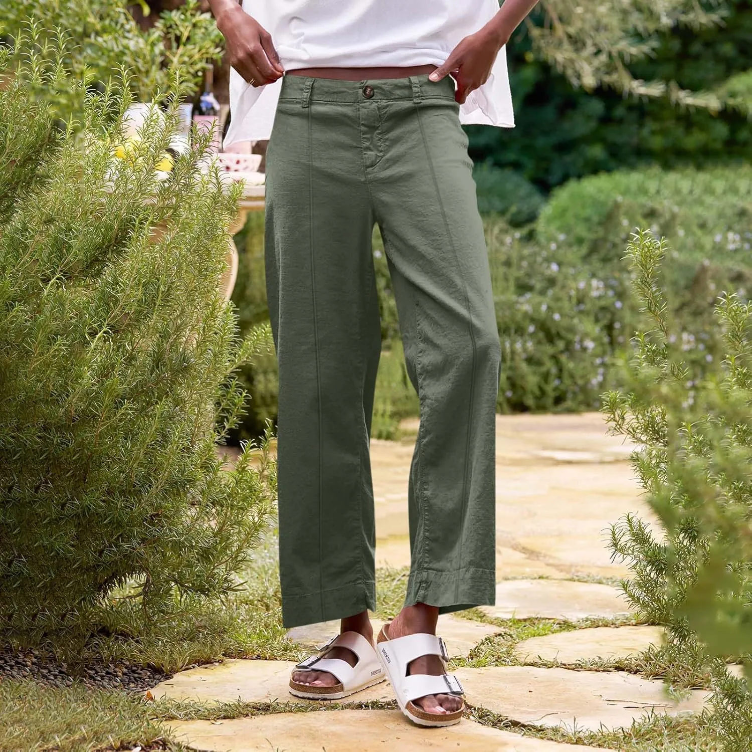 Wide Leg Linen Pants for Women Casual Summer High Waisted Work Cropped Pants Loose Business Trouser
