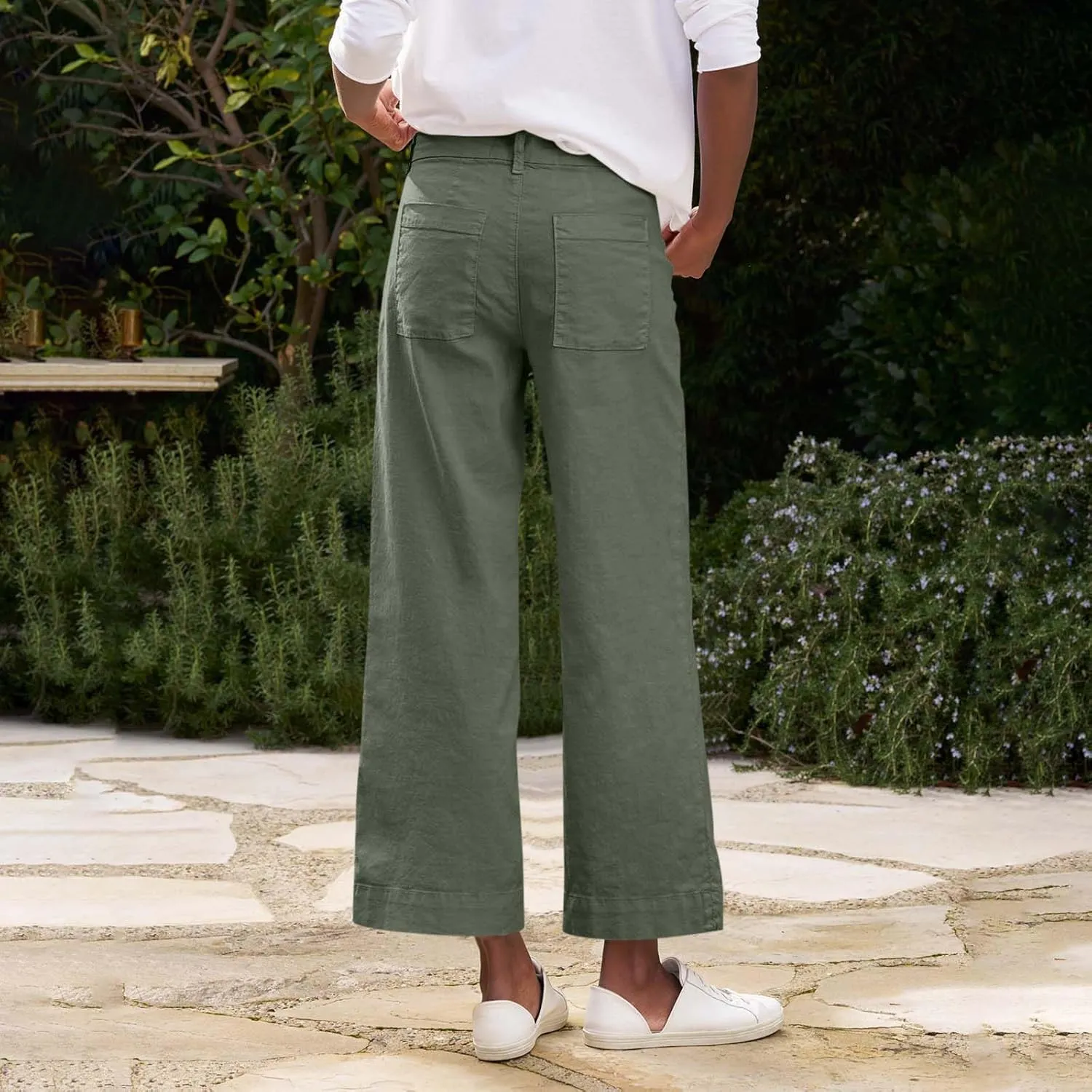 Wide Leg Linen Pants for Women Casual Summer High Waisted Work Cropped Pants Loose Business Trouser