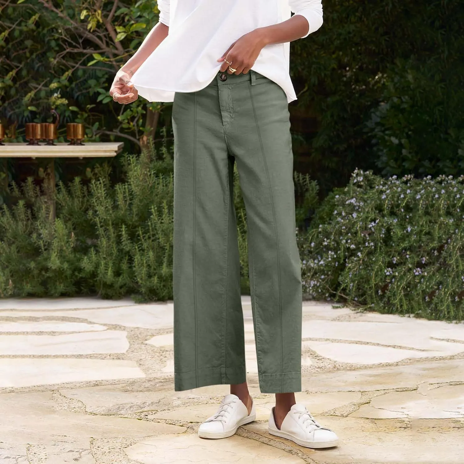 Wide Leg Linen Pants for Women Casual Summer High Waisted Work Cropped Pants Loose Business Trouser