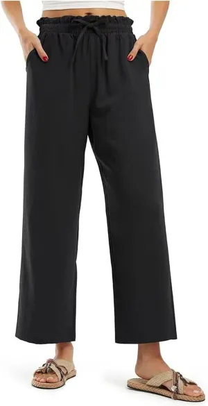 Wide Leg Linen Pants for Women Straight Leg Solid Country Concert Drawstring Cropped Loose Pants with Pockets