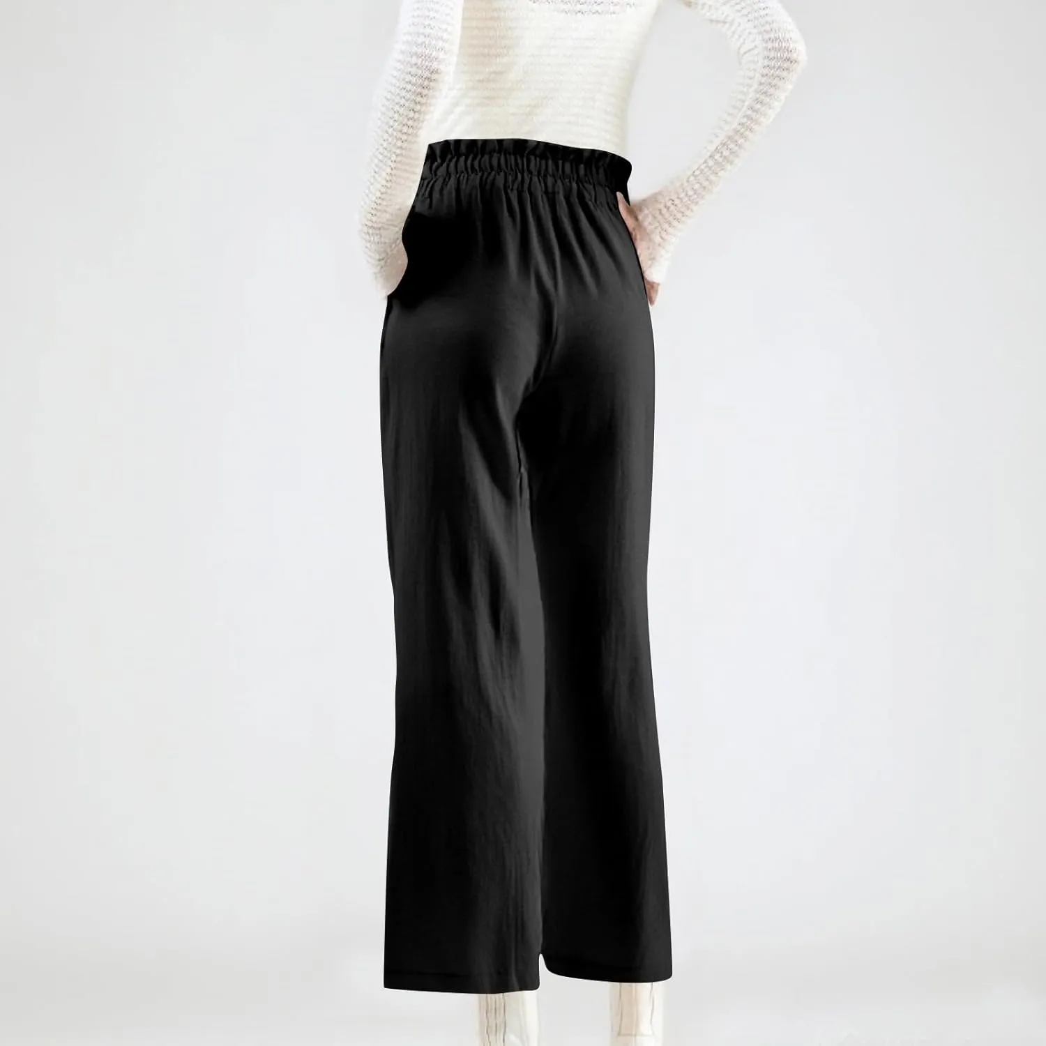 Wide Leg Linen Pants for Women Straight Leg Solid Country Concert Drawstring Cropped Loose Pants with Pockets