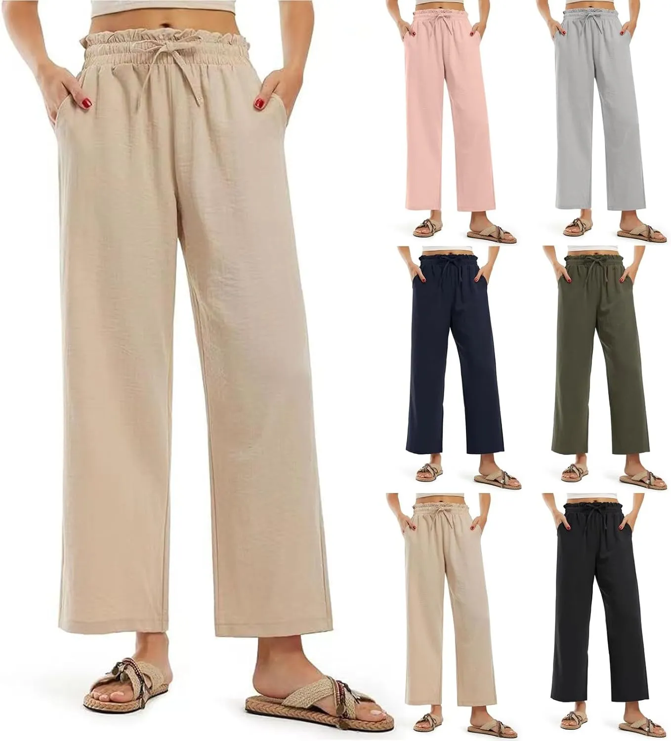 Wide Leg Linen Pants for Women Straight Leg Solid Country Concert Drawstring Cropped Loose Pants with Pockets