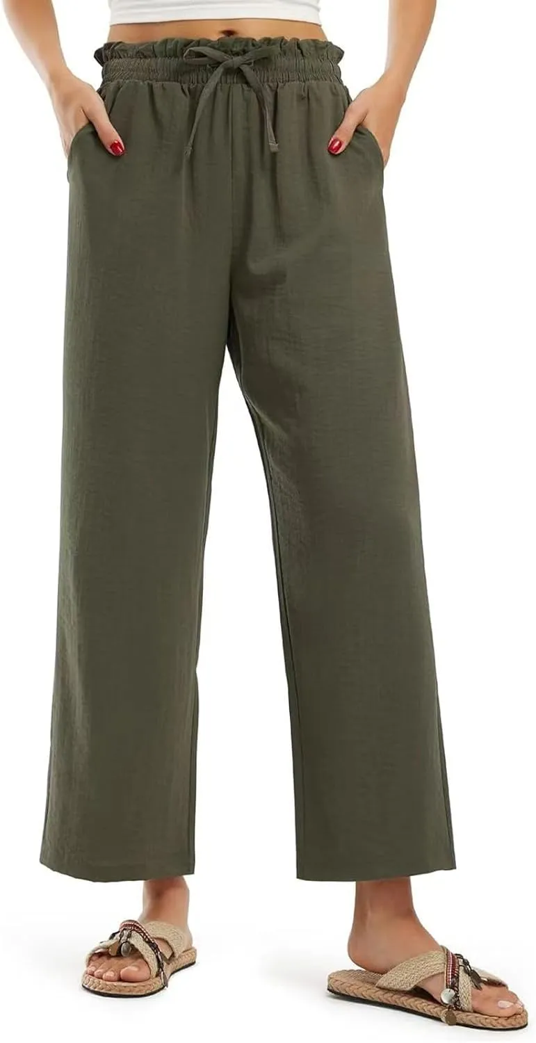 Wide Leg Linen Pants for Women Straight Leg Solid Country Concert Drawstring Cropped Loose Pants with Pockets