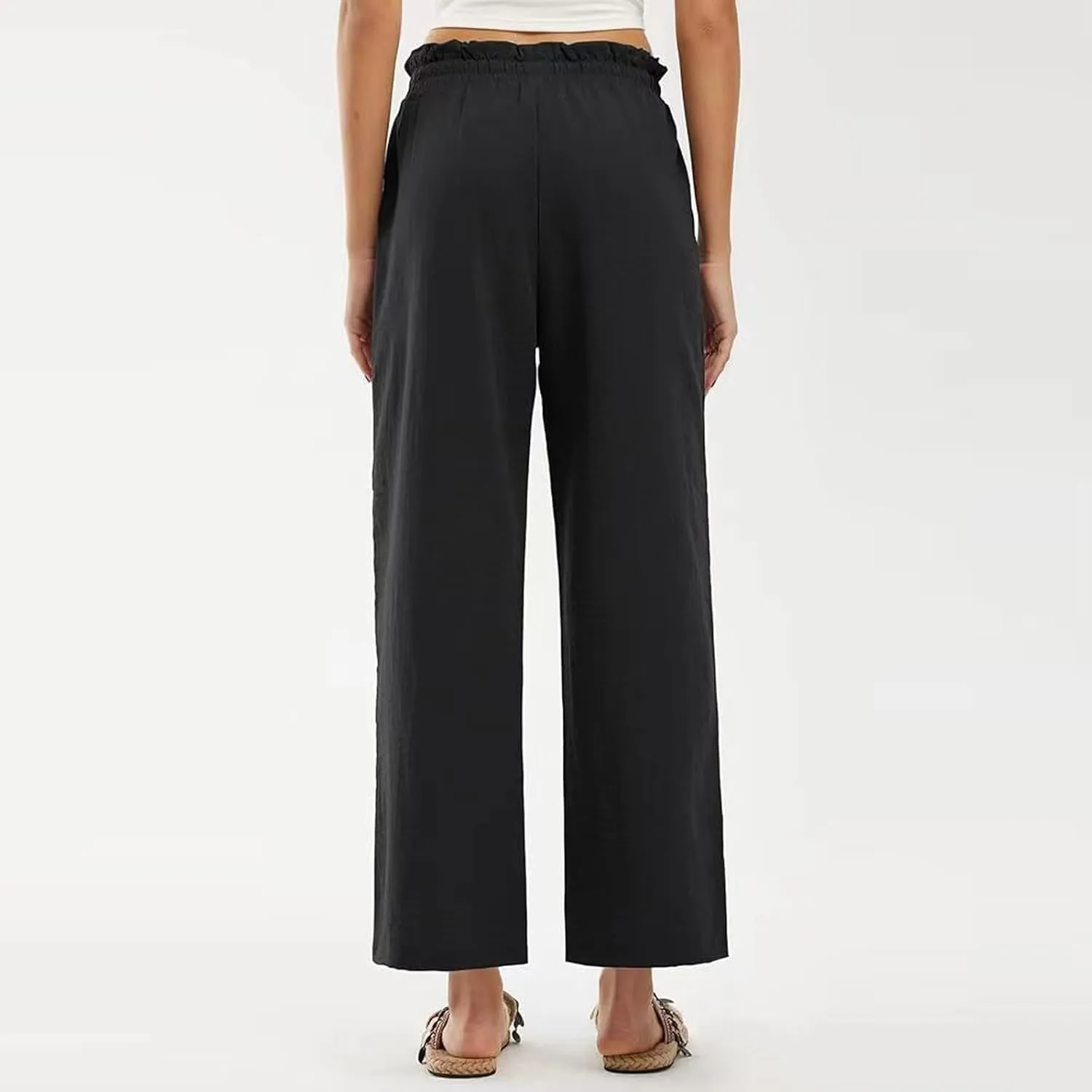 Wide Leg Linen Pants for Women Straight Leg Solid Country Concert Drawstring Cropped Loose Pants with Pockets