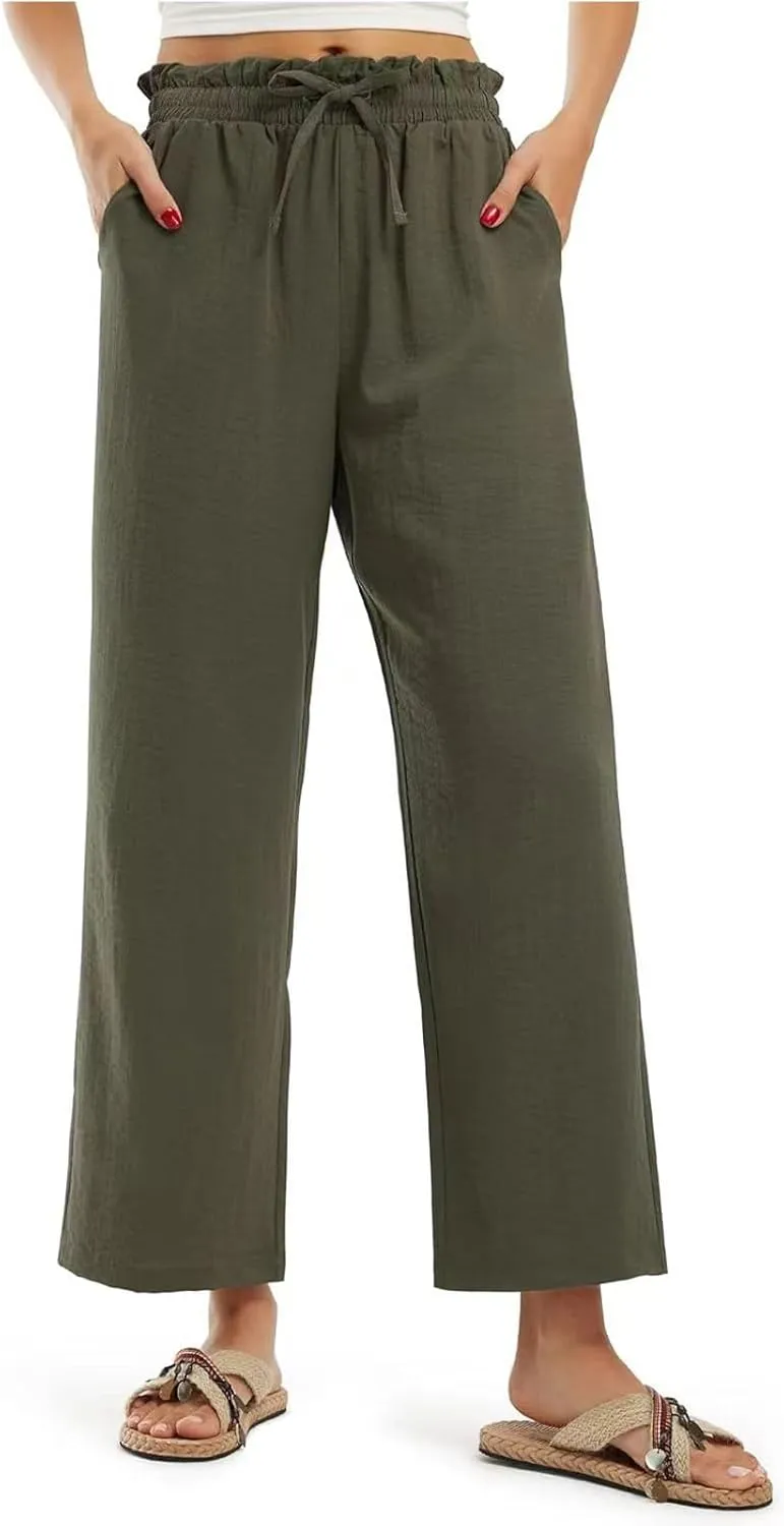Wide Leg Linen Pants for Women Straight Leg Solid Country Concert Drawstring Cropped Loose Pants with Pockets