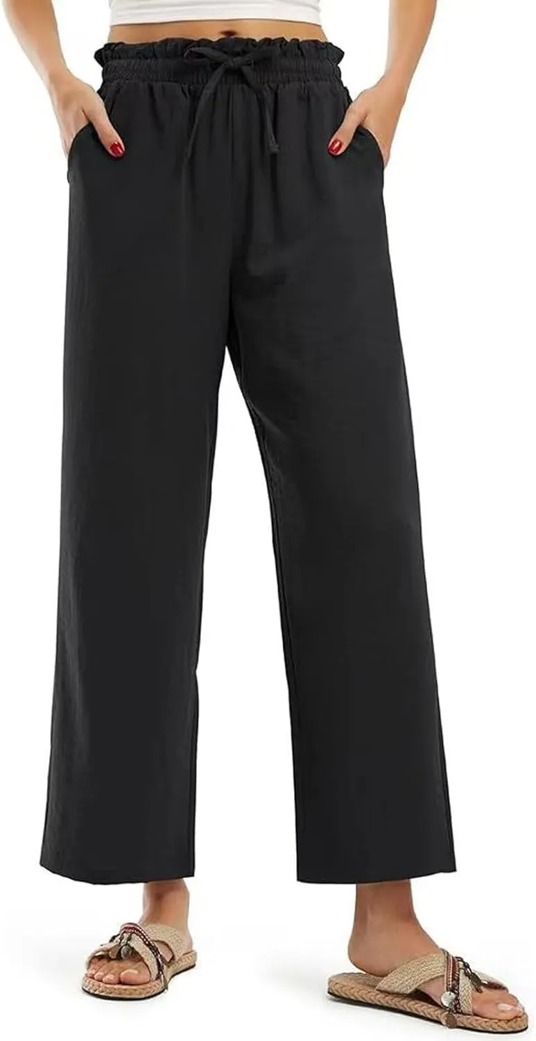Wide Leg Linen Pants for Women Straight Leg Solid Country Concert Drawstring Cropped Loose Pants with Pockets