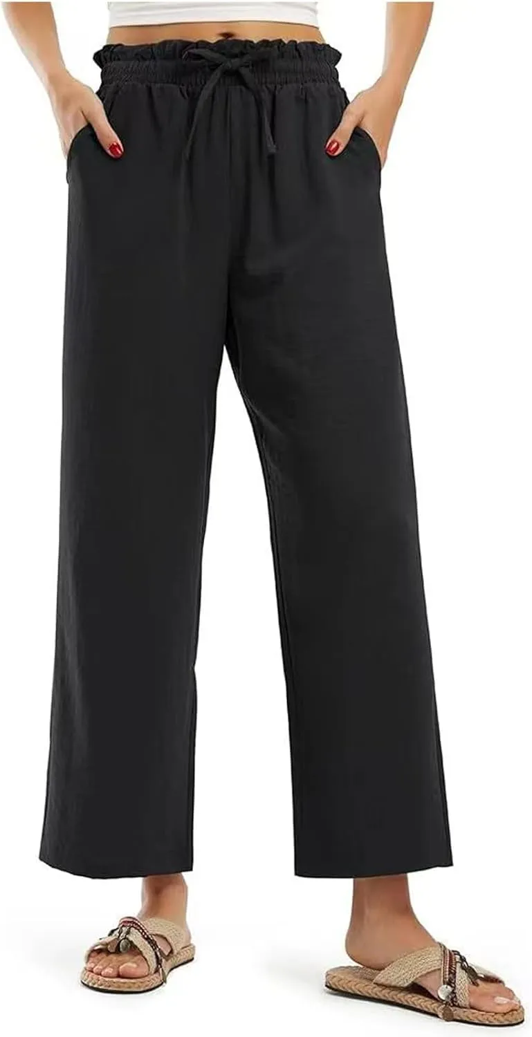 Wide Leg Linen Pants for Women Straight Leg Solid Country Concert Drawstring Cropped Loose Pants with Pockets