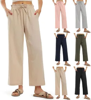 Wide Leg Linen Pants for Women Straight Leg Solid Country Concert Drawstring Cropped Loose Pants with Pockets