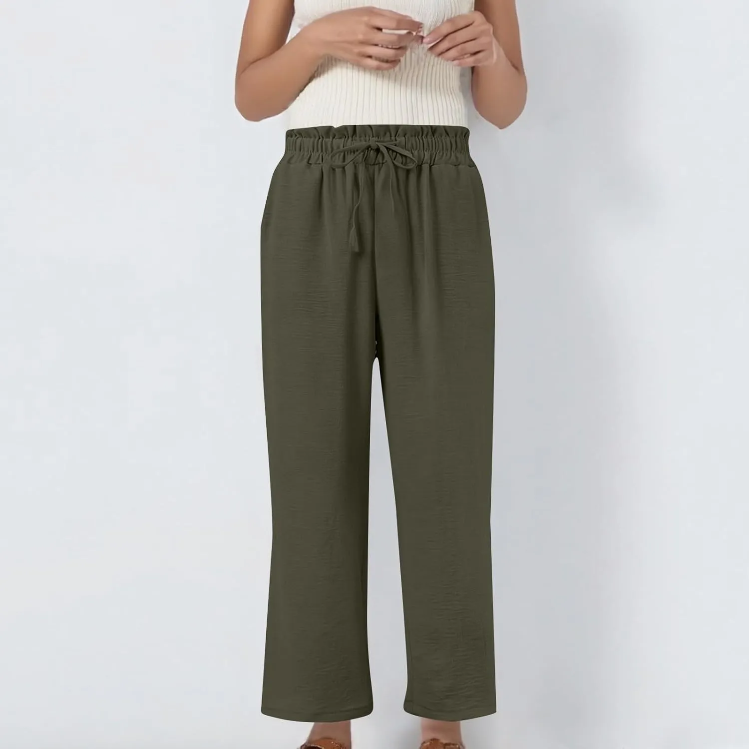 Wide Leg Linen Pants for Women Straight Leg Solid Country Concert Drawstring Cropped Loose Pants with Pockets
