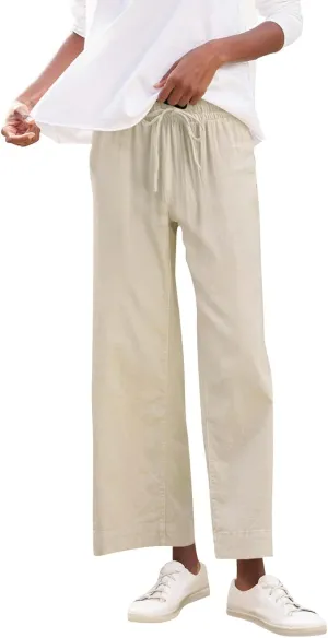 Wide Leg Linen Pants Woman Elastic High Waist Cropped Slacks Trendy Summer Business Casual Work Lounge Trouser Pockets