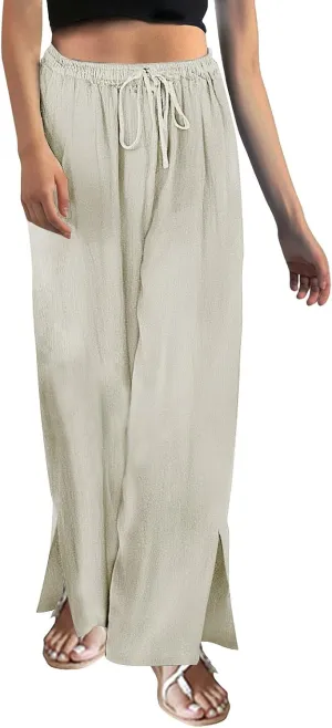 Wide Leg Palazzo Pants for Women High Waisted Adjustable Tie Knot Flowy Trousers Casual Loose Fit Lounge Pants