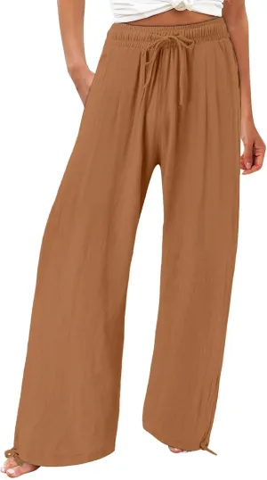Wide Leg Pants for Woman Linen High Waisted Casual Flowy Baggy Drawstring Palazzo Trousers Pant Summer Vacation Wear