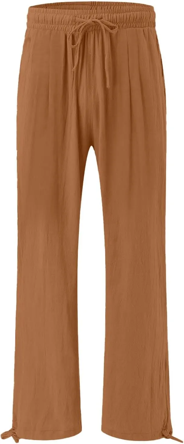 Wide Leg Pants for Woman Linen High Waisted Casual Flowy Baggy Drawstring Palazzo Trousers Pant Summer Vacation Wear
