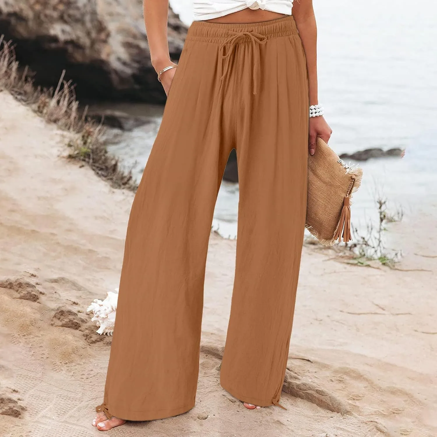 Wide Leg Pants for Woman Linen High Waisted Casual Flowy Baggy Drawstring Palazzo Trousers Pant Summer Vacation Wear
