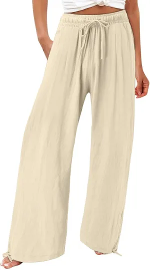 Wide Leg Pants for Woman Linen High Waisted Casual Flowy Baggy Drawstring Palazzo Trousers Pant Summer Vacation Wear
