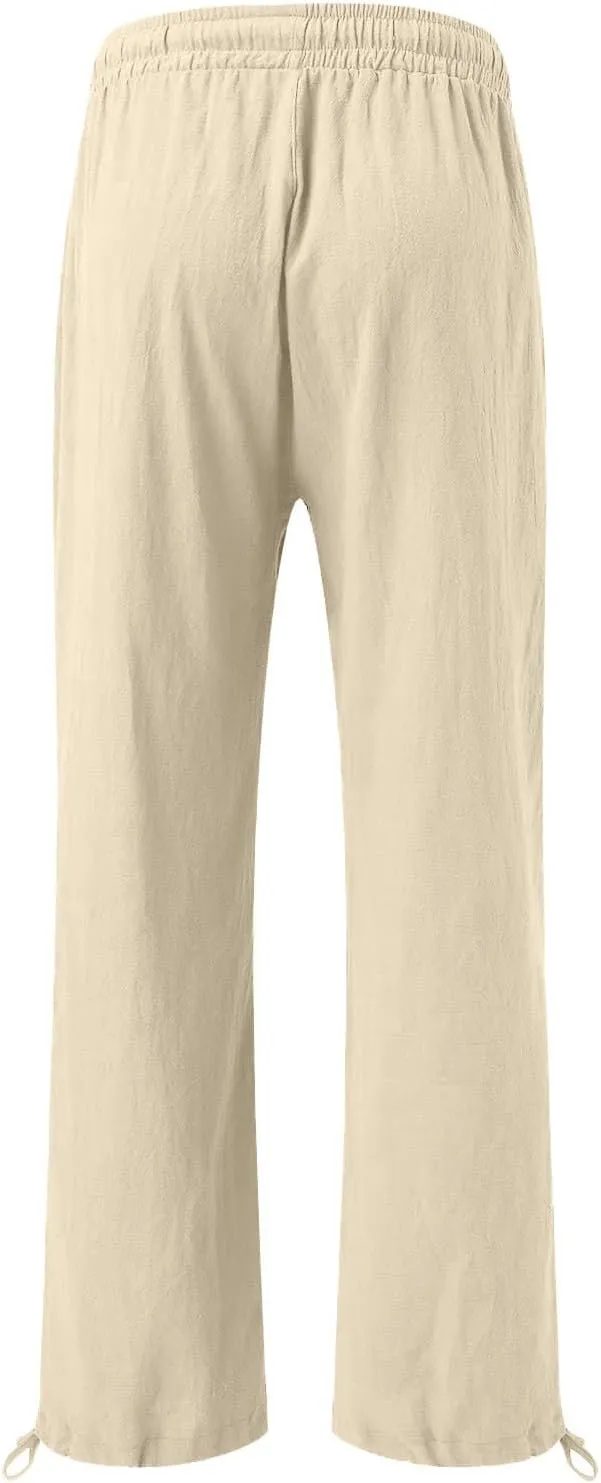 Wide Leg Pants for Woman Linen High Waisted Casual Flowy Baggy Drawstring Palazzo Trousers Pant Summer Vacation Wear