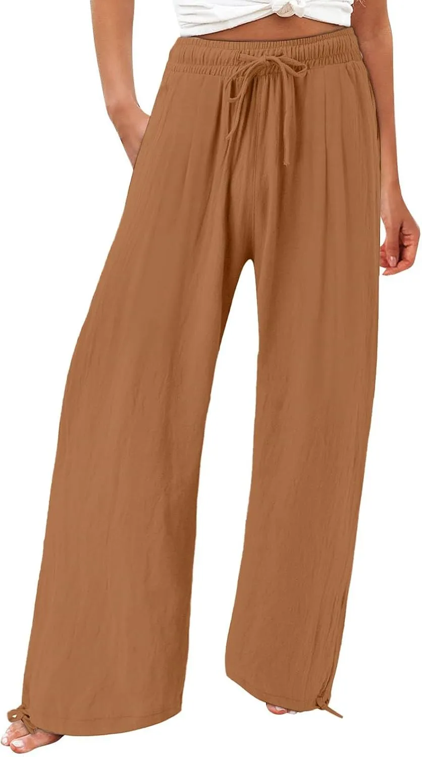 Wide Leg Pants for Woman Linen High Waisted Casual Flowy Baggy Drawstring Palazzo Trousers Pant Summer Vacation Wear