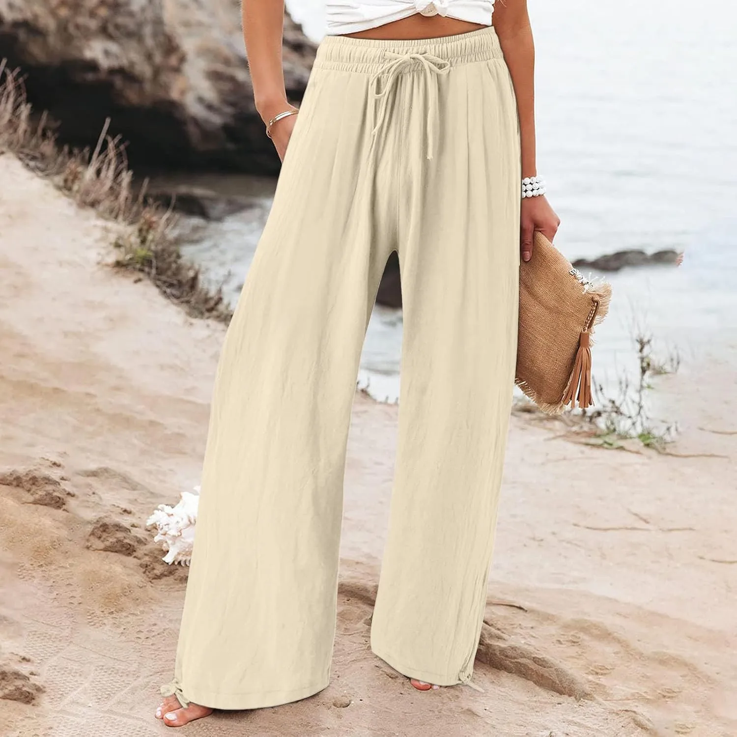 Wide Leg Pants for Woman Linen High Waisted Casual Flowy Baggy Drawstring Palazzo Trousers Pant Summer Vacation Wear