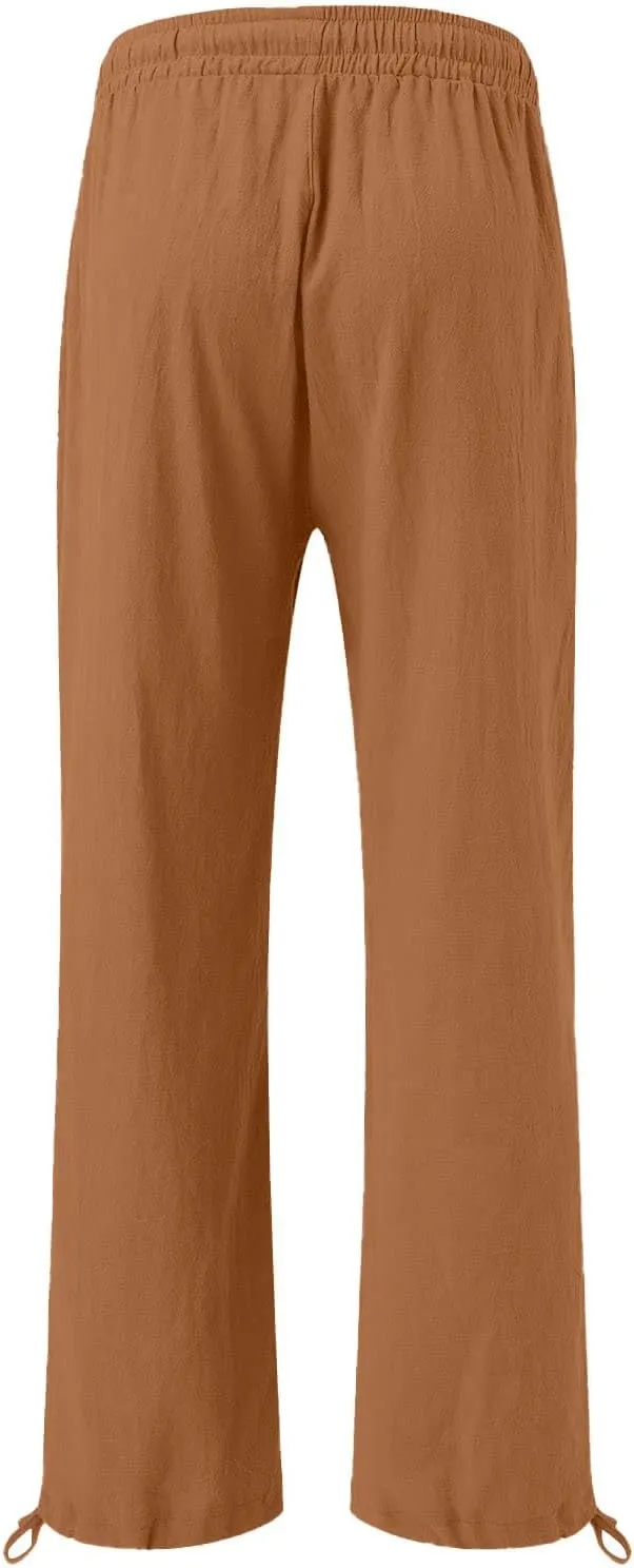 Wide Leg Pants for Woman Linen High Waisted Casual Flowy Baggy Drawstring Palazzo Trousers Pant Summer Vacation Wear