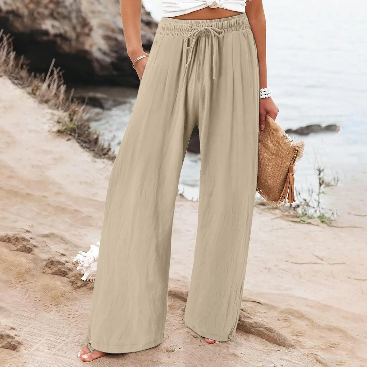 Wide Leg Pants for Woman Linen High Waisted Casual Flowy Baggy Drawstring Palazzo Trousers Pant Summer Vacation Wear