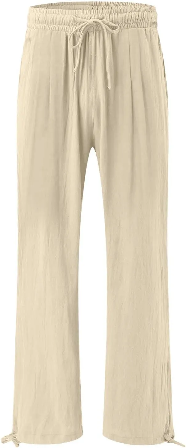 Wide Leg Pants for Woman Linen High Waisted Casual Flowy Baggy Drawstring Palazzo Trousers Pant Summer Vacation Wear