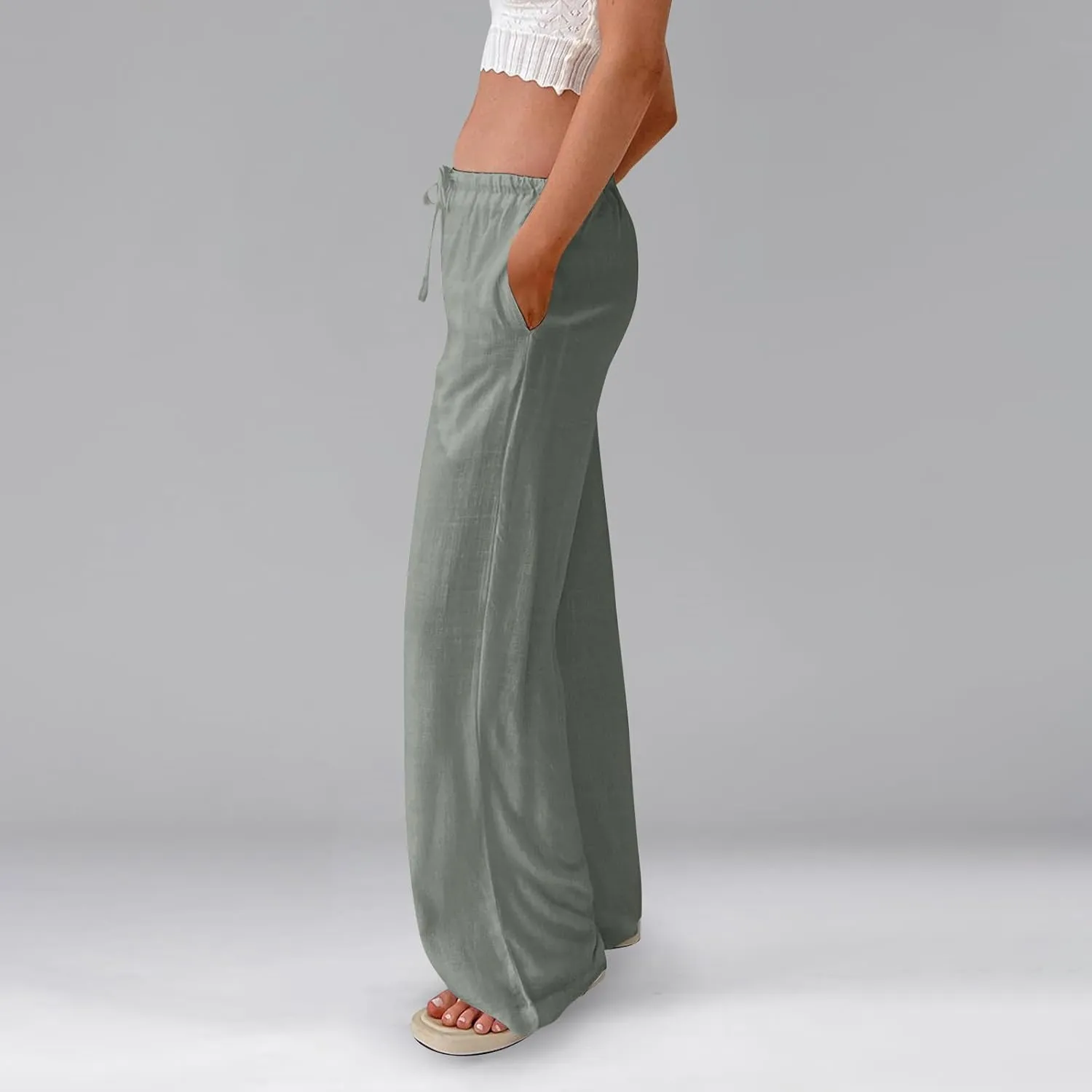 Wide Leg Pants for Women Cotton Linen High Waisted Summer Dressy Pants Casual Button Flowy Pockets Solid Outfits Baggy