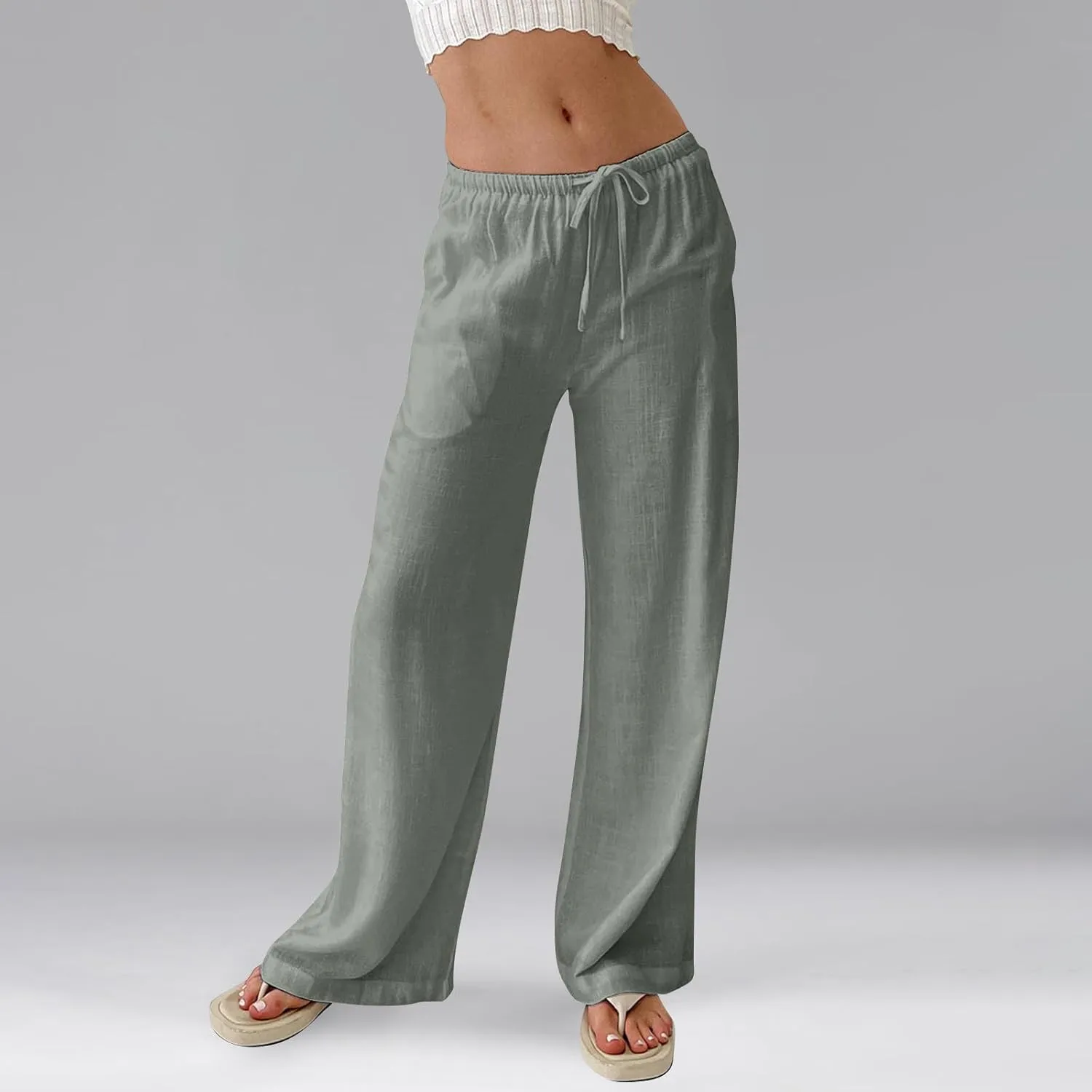 Wide Leg Pants for Women Cotton Linen High Waisted Summer Dressy Pants Casual Button Flowy Pockets Solid Outfits Baggy