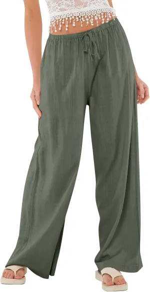 Wide Leg Pants for Women Cotton Linen High Waisted Summer Dressy Pants Casual Button Flowy Pockets Solid Outfits Baggy