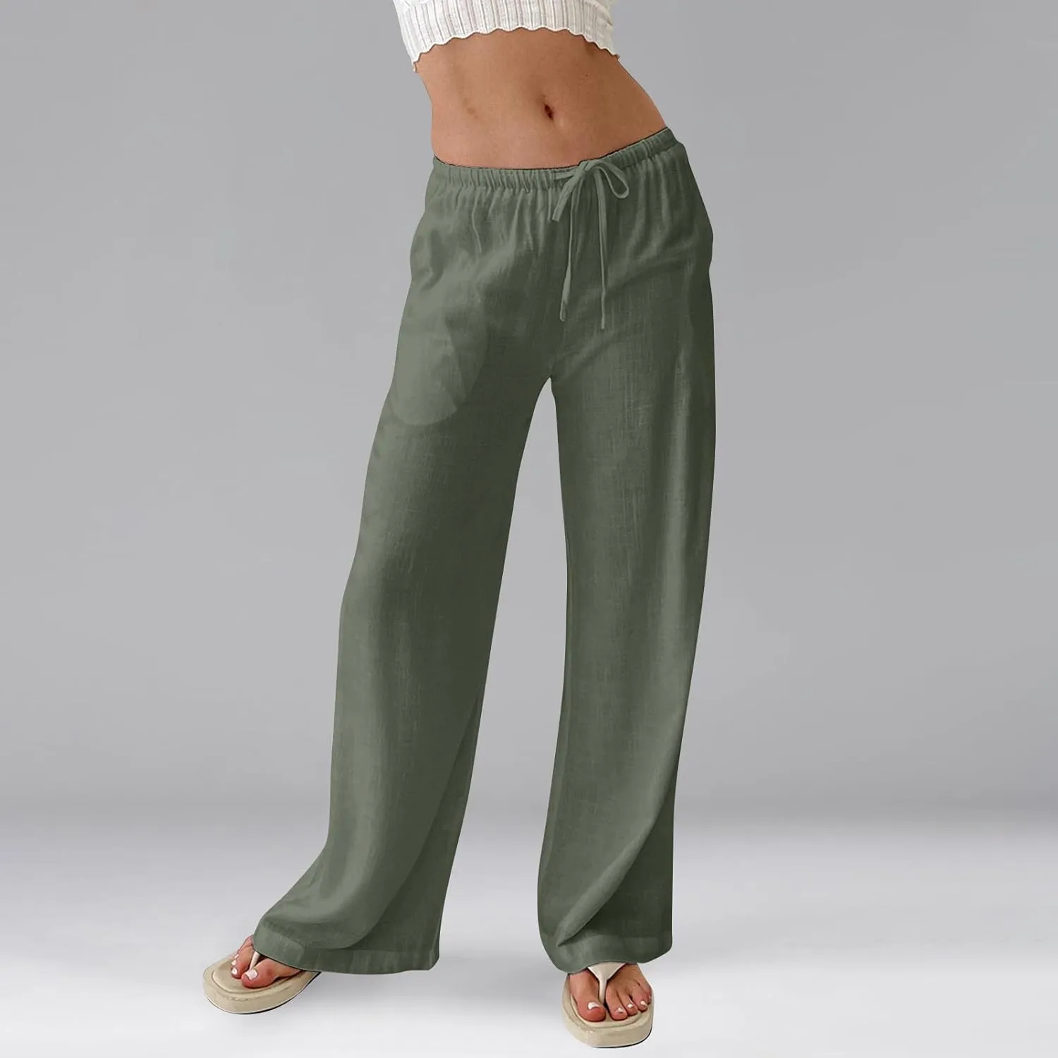 Wide Leg Pants for Women Cotton Linen High Waisted Summer Dressy Pants Casual Button Flowy Pockets Solid Outfits Baggy