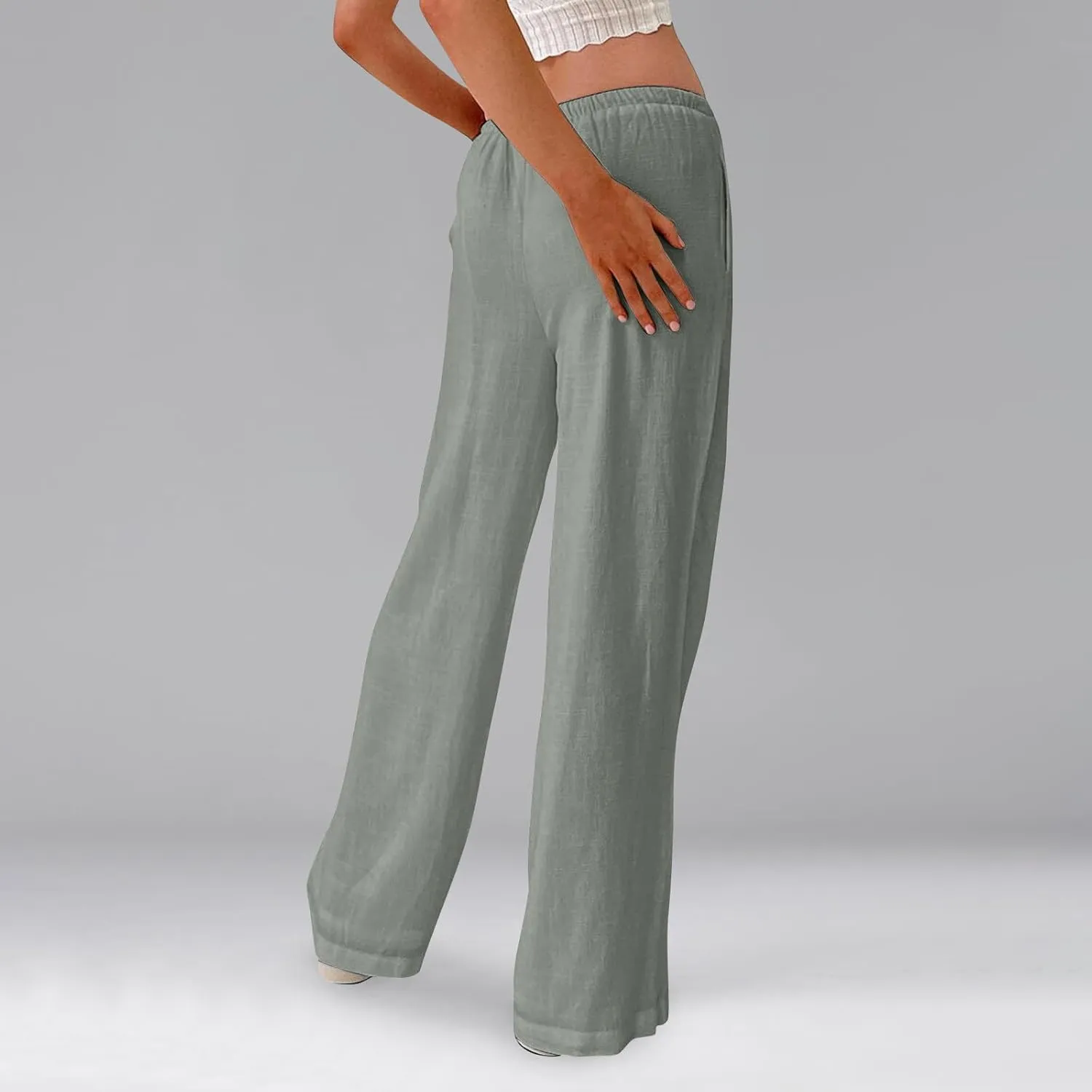 Wide Leg Pants for Women Cotton Linen High Waisted Summer Dressy Pants Casual Button Flowy Pockets Solid Outfits Baggy