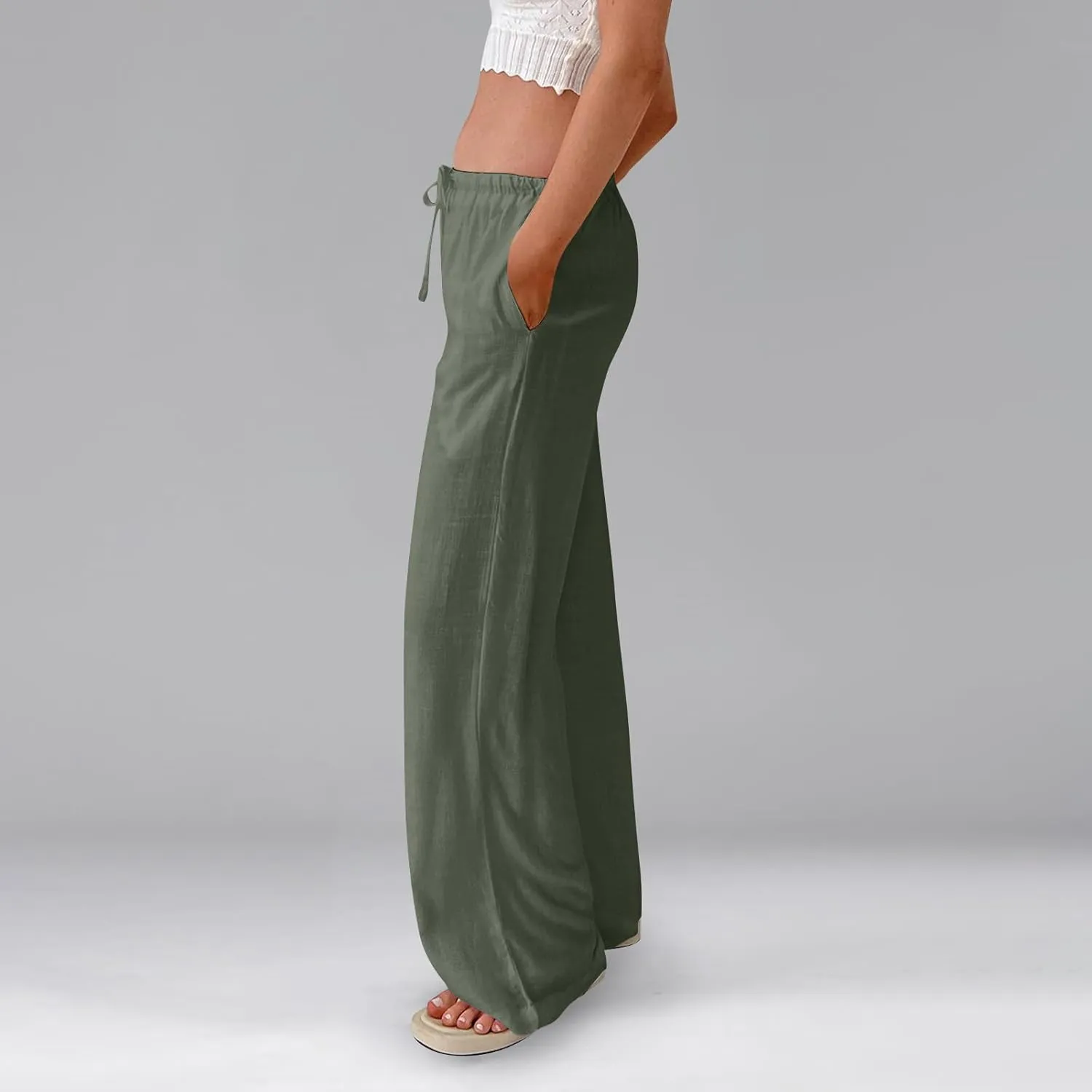 Wide Leg Pants for Women Cotton Linen High Waisted Summer Dressy Pants Casual Button Flowy Pockets Solid Outfits Baggy