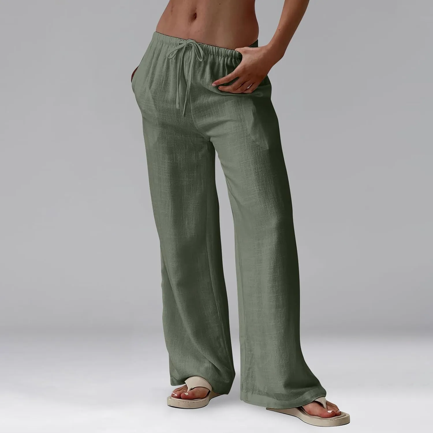 Wide Leg Pants for Women Cotton Linen High Waisted Summer Dressy Pants Casual Button Flowy Pockets Solid Outfits Baggy