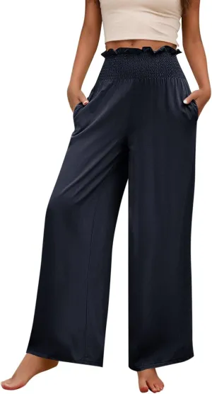 Wide Leg Pants for Women Cotton Linen Summer Pants Casual Elastic Waist High Waisted with Pockets Soft Solid Trouser