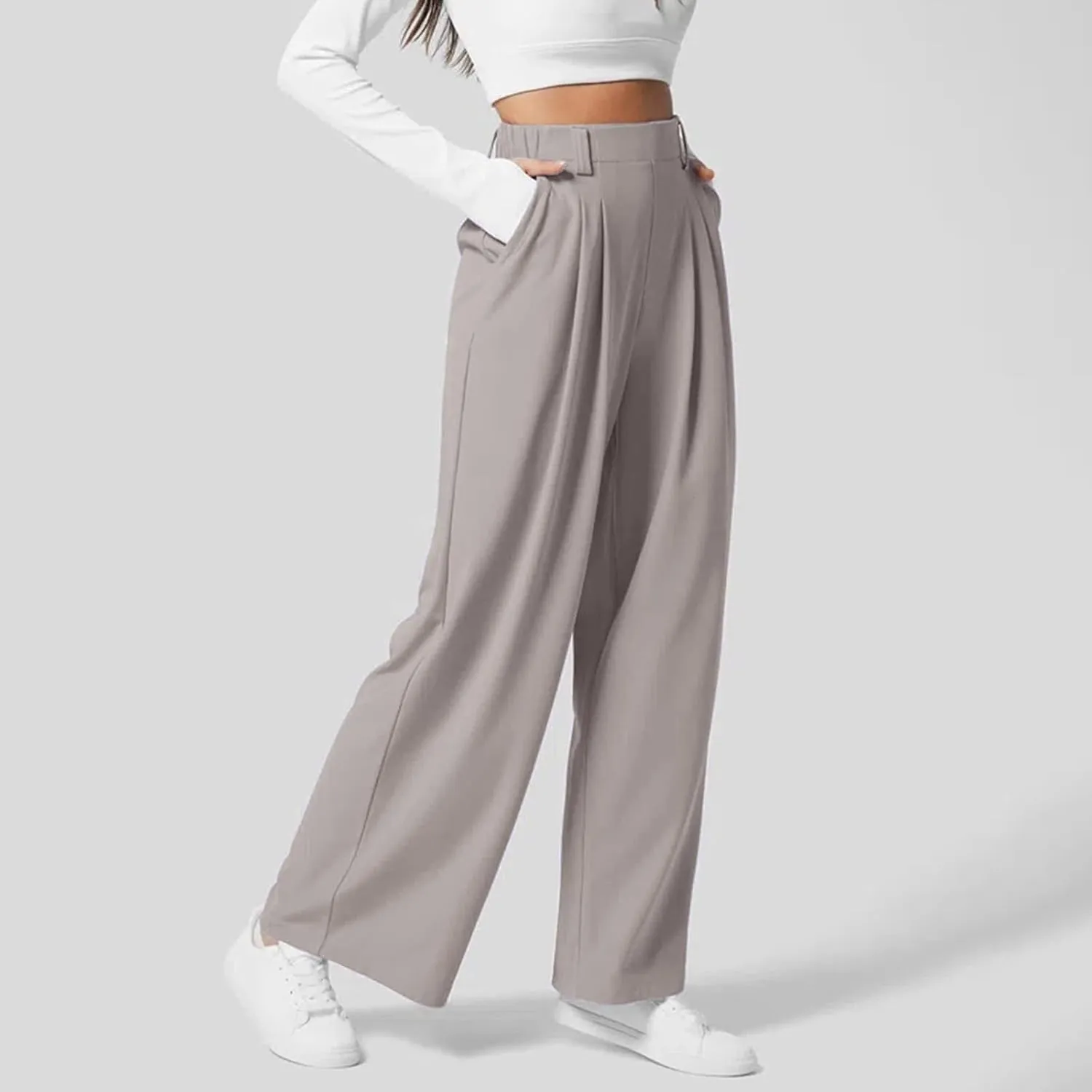 Wide Leg Pants for Women Waffle Knit Casual Palazzo Elastic High Waist Pants Baggy Flowy Dress Trousers with Pockets