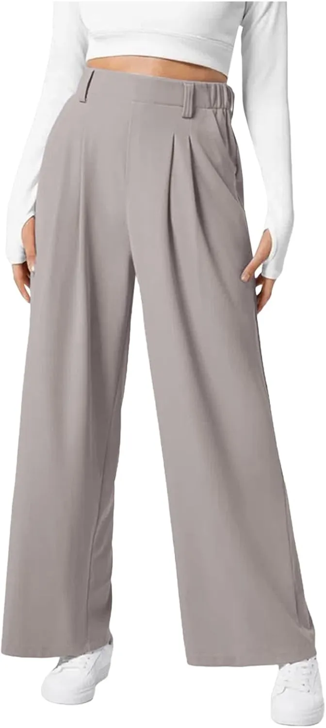 Wide Leg Pants for Women Waffle Knit Casual Palazzo Elastic High Waist Pants Baggy Flowy Dress Trousers with Pockets